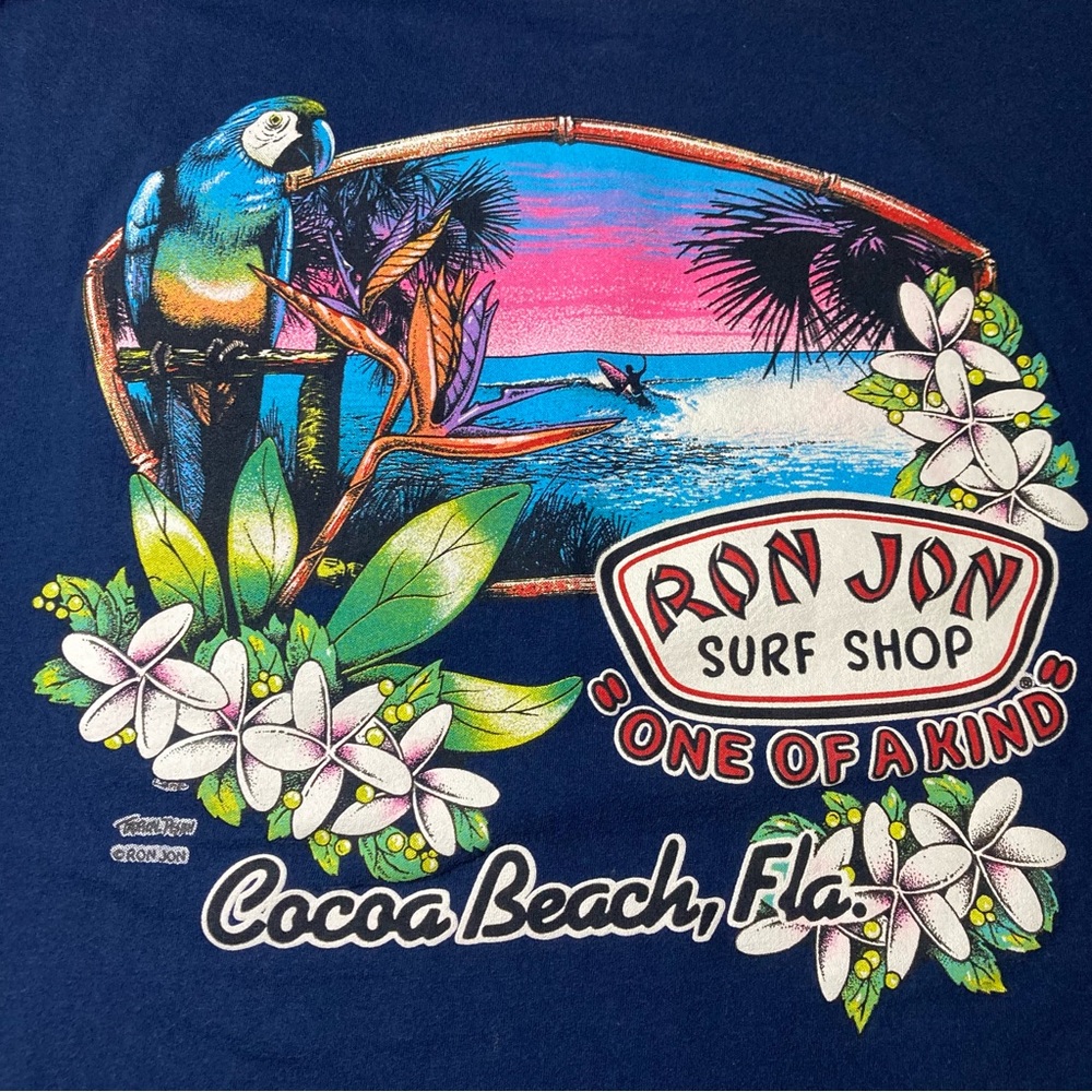 Ron Jon Surf Shop Men’s 2XL Shirt Navy Sunset Parrot Cocoa Beach Classic Logo